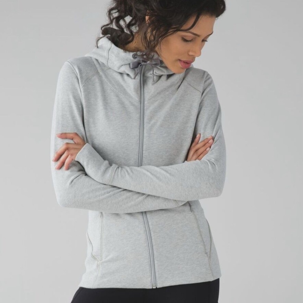 Lululemon Harmony Hoodie Keyhole Vented Back Heathered Light Grey Sz 4 Thumb